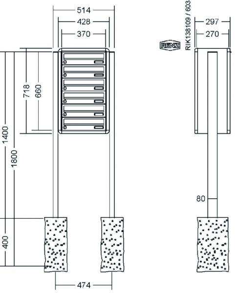 RENZ Briefkastenanlage freistehend, RS4000, Kastenformat 370x110x270mm, 6-teilig, zum Einbetonieren